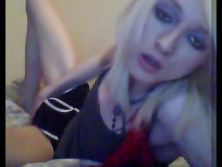 Extra thin and pale emo tgirl jerks her limp dick on cam