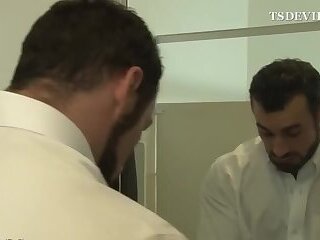 Big tits shemale gets fucked trough glory hole at the office