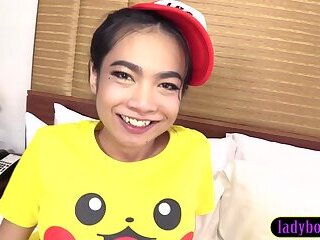 Pikachu Thai ladyboy teen cutie Yoyo POV blowjob and hard anal pounding