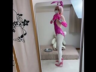 [no porn] Pink Bunny Sissy Moving with Mirror