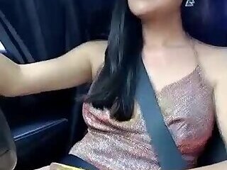 big tits thailand shemale strokes her cock in the car