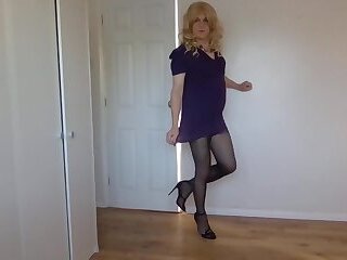 Purple dress, black pantyhose and sexy ass in black panties
